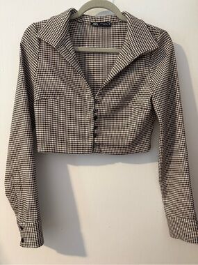 Zara Houndstooth Cropped Button-Up Shirt/Jacket
